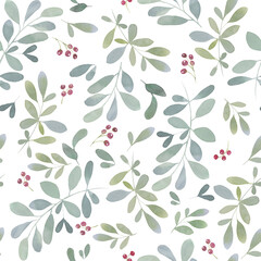 Watercolor holly berry Christmas seamless pattern. Traditional red and green holiday winter background. Wrapping paper, Cute Christmas apparel. 