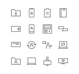Set of business and communication icons, folder, talk, presentation, chat, book, laptop and linear variety symbols.	
