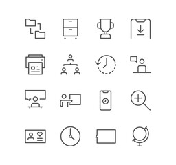 Set of business and communication icons, search, meeting, presentation, phone, time, and linear variety symbols.	
