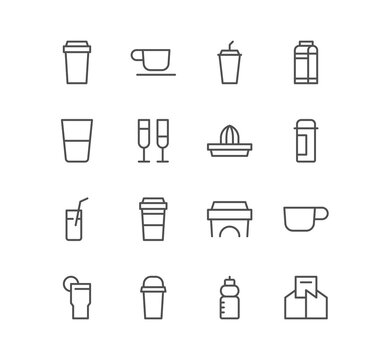 Set of drink and cup icons, cocktail, beverage, glass, coffee, alcohol, juice, tea and linear variety symbols.	
