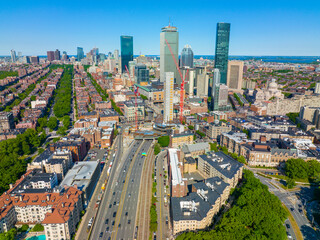 Boston Back Bay skyline and Interstate Highway 90 including John Hancock Tower, Prudential Tower,...