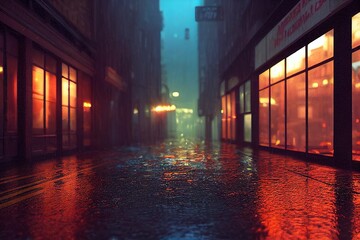 Wet and rainy neon streets at night
