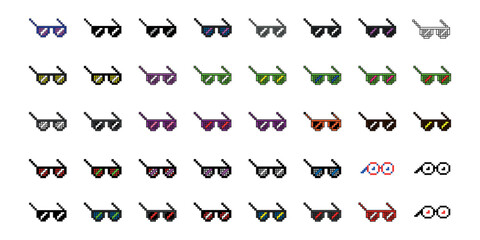 Sunglasses pixel art, vector set