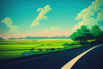 Fototapeta premium Anime style illustration featuring an empty Japanese road among green fields and blue sky in the summer. Escapism in a manga aesthetic rural landscape Empty asian pastoral setting with grass and trees