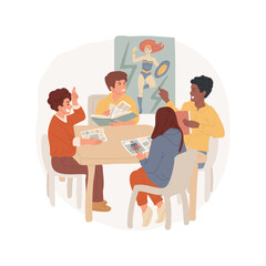 Comic book club isolated cartoon vector illustration. Group of teenagers sitting at table reading, discuss comic book, club member, middle school hobby, meeting in library vector cartoon.