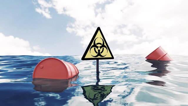Concept of water pollution and ecology problems. Design. Barrels of fuel and biohazard sign above waving water surface.