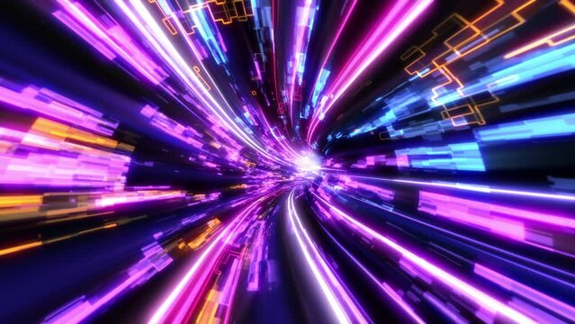 
Abstract Futuristic Neon Tunnel. Animation of Colorful Glowing Light Rays. Speed of Light, Technology Background.