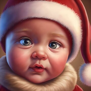 Illustration of Adorable Baby Wearing Santa Hat | Created using Midjourney and Photoshop |  | No Real Human Model