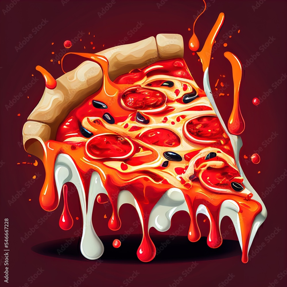 Aufkleber a slice of pizza with melted toppings on a red background with a slice missing from it and a piece o