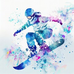 Fototapeta na wymiar Jumping snowboarder. Watercolor illustration of a woman on a snowboard. Snowboarding