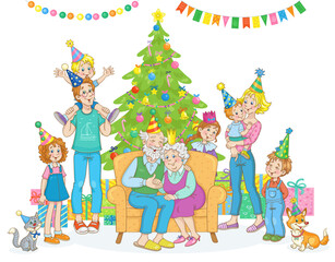 Big family near the Christmas tree with gifts. Grandparents are sitting on the sofa, mom, dad, five children of different ages and pets are around them. In cartoon style. Isolated on white background