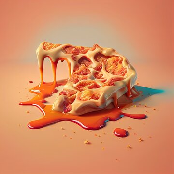  A Piece Of Pizza With Sauce On It On A Table Top With A Pink Background And A Blue And Orange Drip.