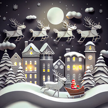 Christmas eve in this whimsical fantasy town. 3D paper cutout style. Background illustration. Digital matte painting.