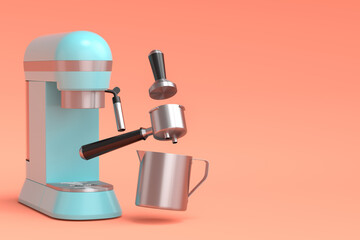 Espresso coffee machine with horn and geyser coffee maker on coral background.