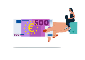 Fototapeta na wymiar Businesswoman sends a money euro. Flat modern vector illustration.