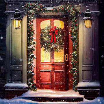 Beautiful holiday front doors with Christmas Wreath, snow. Background Illustration. Digital Matte Painting