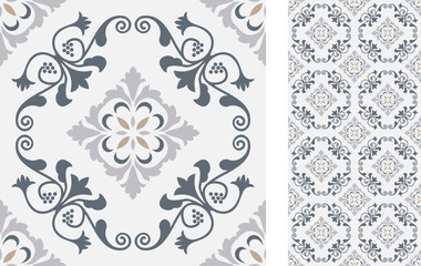 Seamless Azulejo tile. Portuguese and Spain decor. Ceramic tile. Seamless Floral pattern. Vector hand drawn illustration, typical portuguese and spanish tile - 546669059