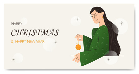 Christmas celebration banner with young woman illustration.