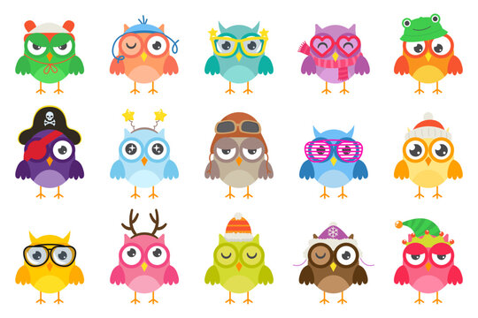 Cute owls flat icons set. Funny colorful birds with trendy frog and pirate hats, glasses, reindeer antlers headdress, warm cap. Cartoon art elements. Color isolated illustrations