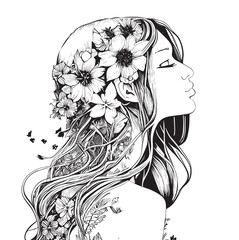 Portrait of beautiful girl with long hair in leaves sketch hand drawn Side view profile Vector illustration.