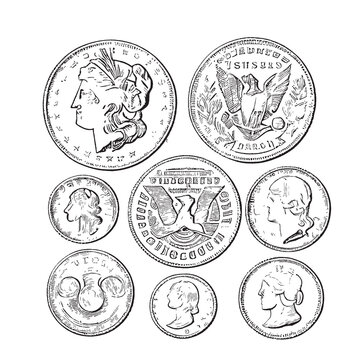 Old coins abstract retro sketch hand drawn engraving style Vector illustration.