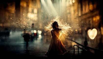 Live your passion abstract woman dancing against defocused heart filled background v5