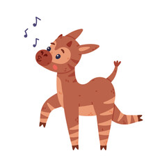 Cute baby okapi singing song. Funny wild African animal character cartoon vector illustration