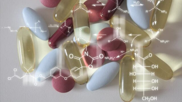 Time lapse of medication an supplement pills a white surface while chemical structures of drugs and vitamins apper in a overlay