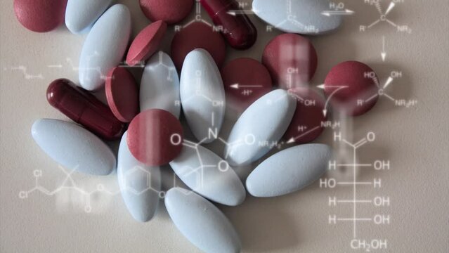 Pills and capsules are spread on a white surface while chemical structures of drugs and vitamins apper in a overlay