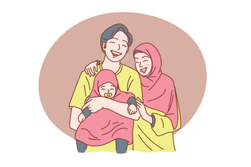 Happiness of the Muslim family. vector illustration.