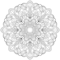 Colouring page, hand drawn, vector. Mandala 118, ethnic, swirl pattern, object isolated on white background.