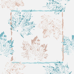 Maple leaf imprints in a seamless pattern in pastel colors.