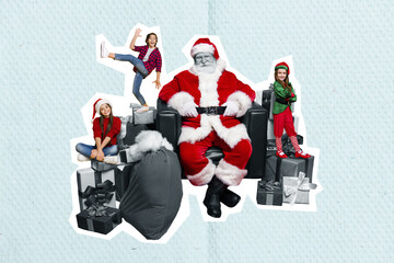 Creative photo 3d collage artwork poster postcard of old funny man santa listen wishes dreams of...
