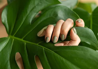 Photo sur Plexiglas ManIcure Woman's hand with a green manicure against the background of a monstera leaf
