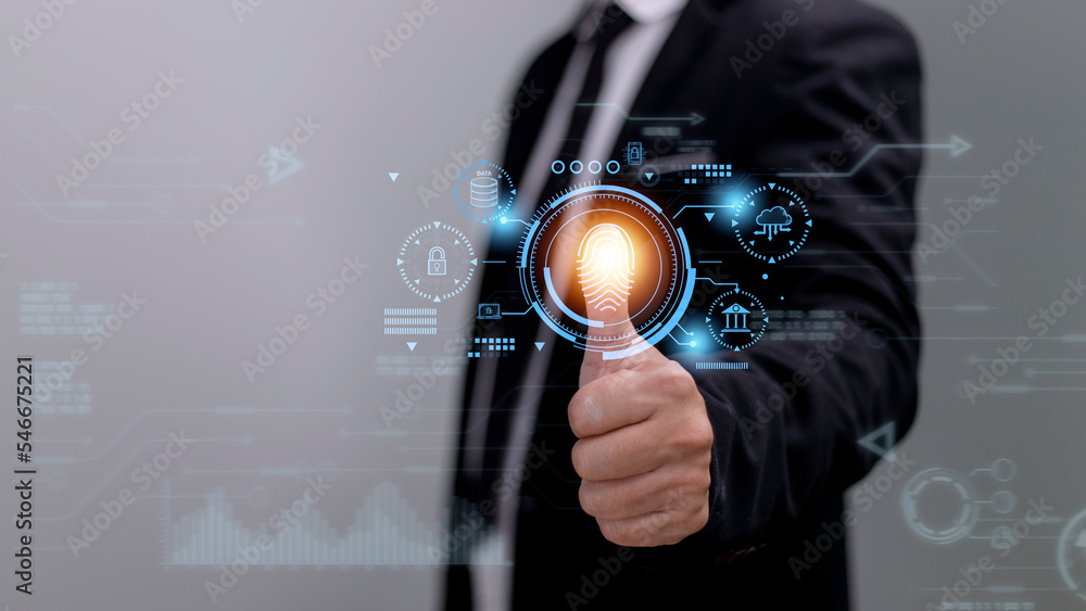 Aufkleber security of future technology and cybernetics on the internet, finger scanning allows access to secu