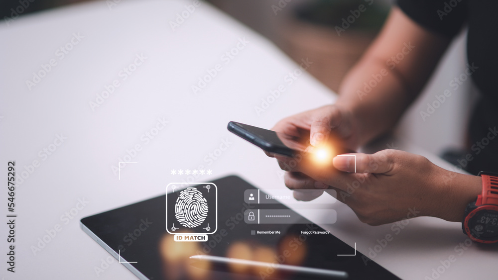 Poster security of future technology and cybernetics on the internet, finger scanning allows access to secu
