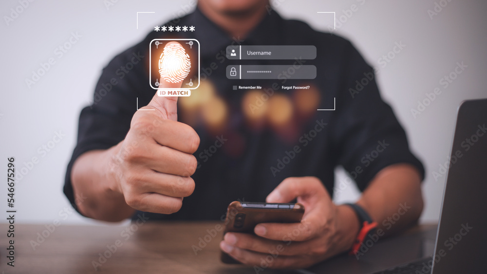 Aufkleber security of future technology and cybernetics on the internet, finger scanning allows access to secu