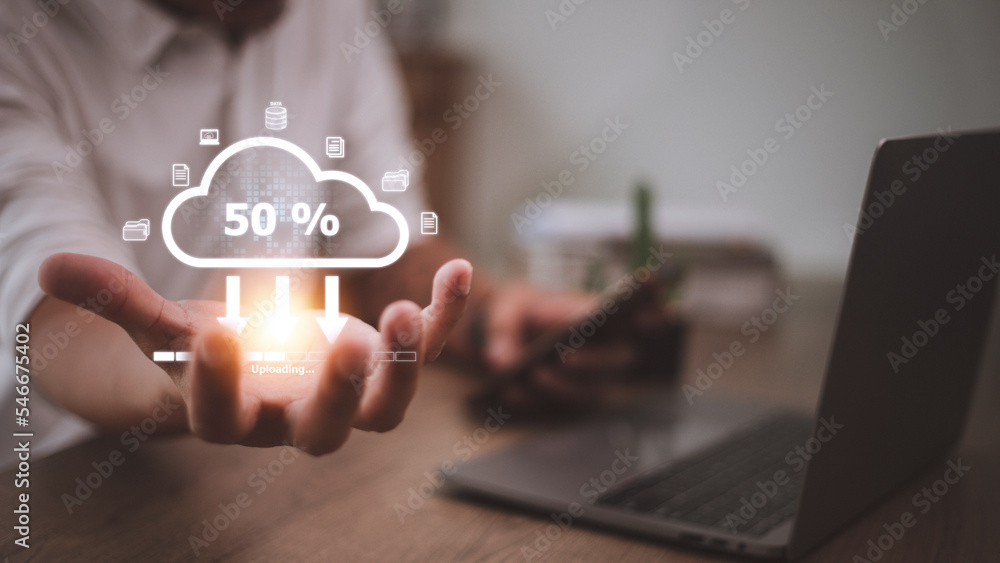 Poster cloud storage technology concept. businessmen use laptops to synchronize documents or data to online