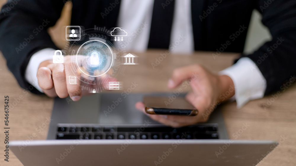 Poster cyber protection data security internet privacy internet technology concept on virtual screen.