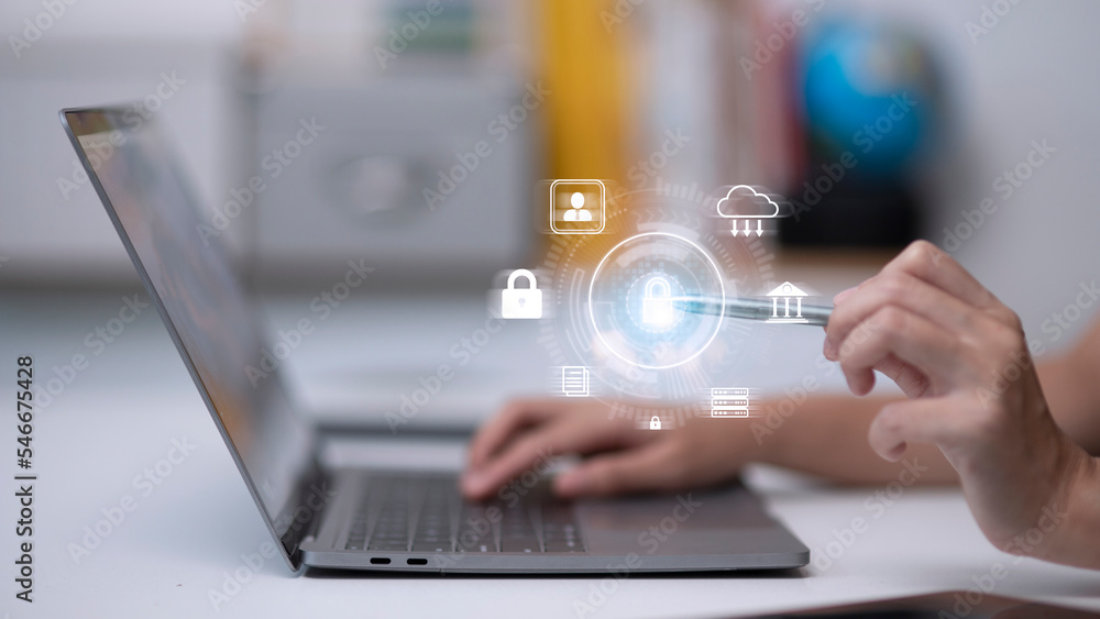 Poster cyber protection data security internet privacy internet technology concept on virtual screen.