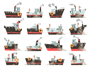 Fishing boats set. Trawler, steamer with fishing nets cartoon vector illustration - obrazy, fototapety, plakaty