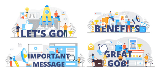 Benefits concept illustration vector. Great job big text. Important message banner f