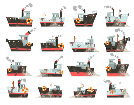 Fishing boats set. Trawler, steamer with fishing nets cartoon vector illustration