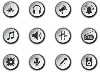 Music related symbols, such as: microphone, speaker, headphones, megaphone, music note, and etc. Flat vector illustration.