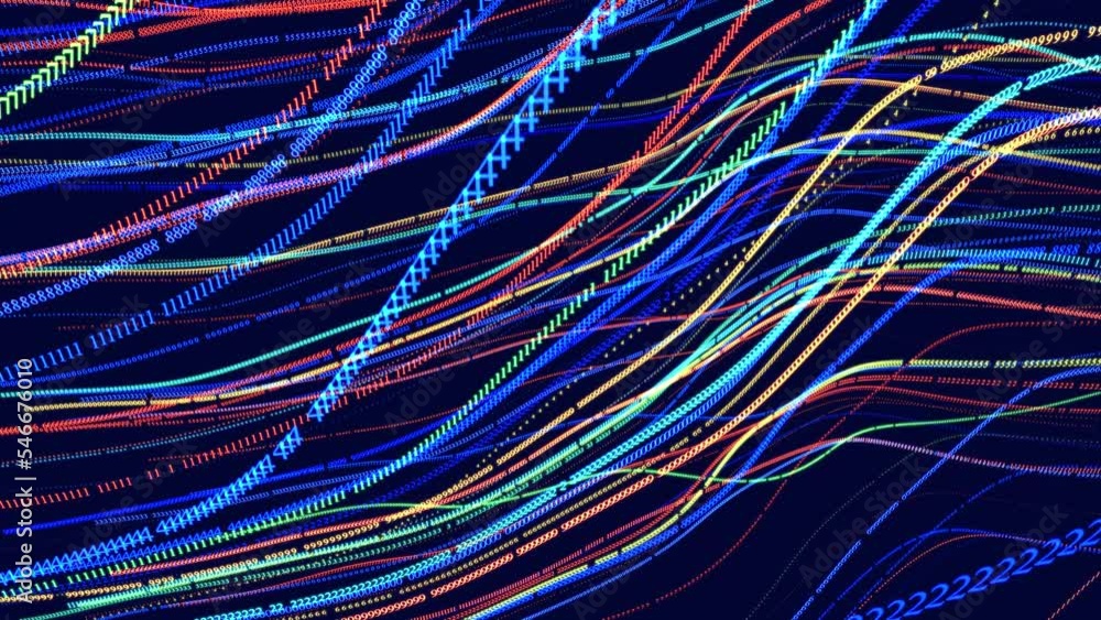 Poster digital waves. vj loop hologram abstract bg. symbols form lines, grid, strings. information concept.