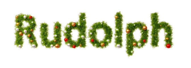 Beautiful christmas wreath like font forming the text Rudolph with shiny orbs on transparent background (3D Rendering)
