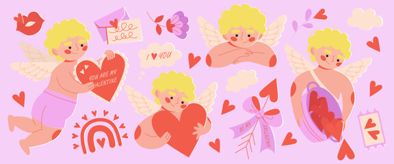 Set of winged cupids, clouds, flowers, kiss, love letter, arrow, rainbow for Saint Valentines day. February 14 . Romantic amur holding heart, little angels. Cartoon character vector illustration.