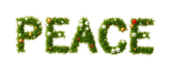 Beautiful christmas wreath like font forming the text PEACE with shiny orbs on transparent background (3D Rendering)