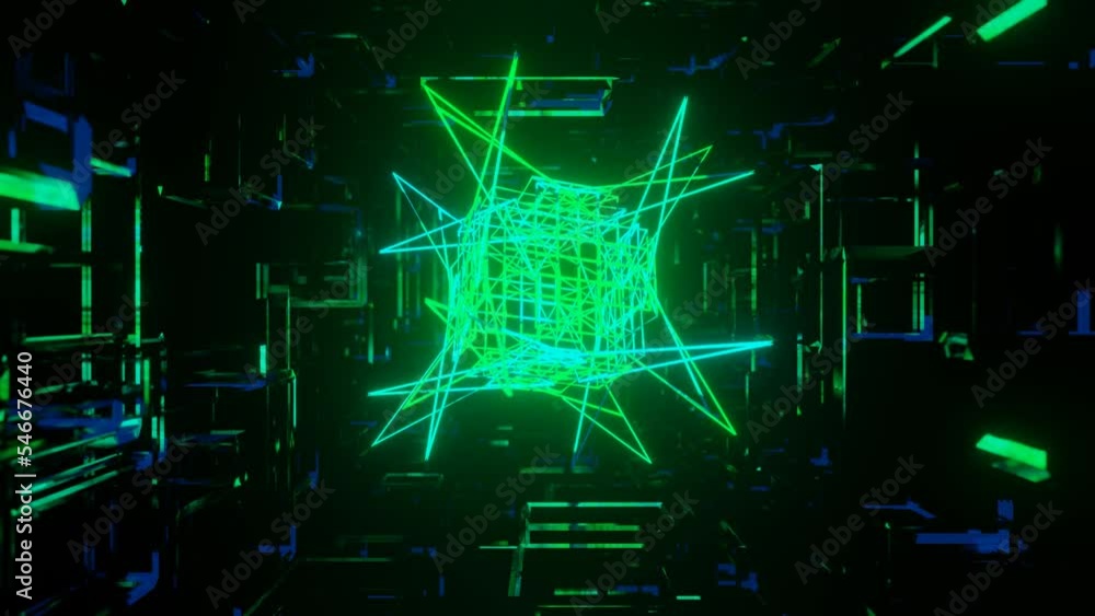 Poster 3d object or structure rotates and moves inside glass mirror tunnel with neon light, bright reflecti