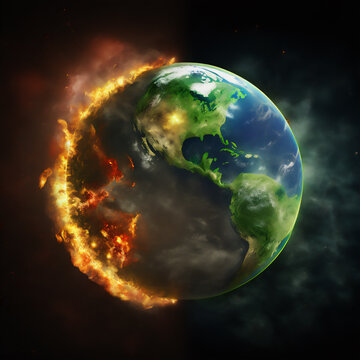 Planet earth is on fire with the climate change, global warming and climate crisis and the environmental problems. The globe is half burning and on fire.